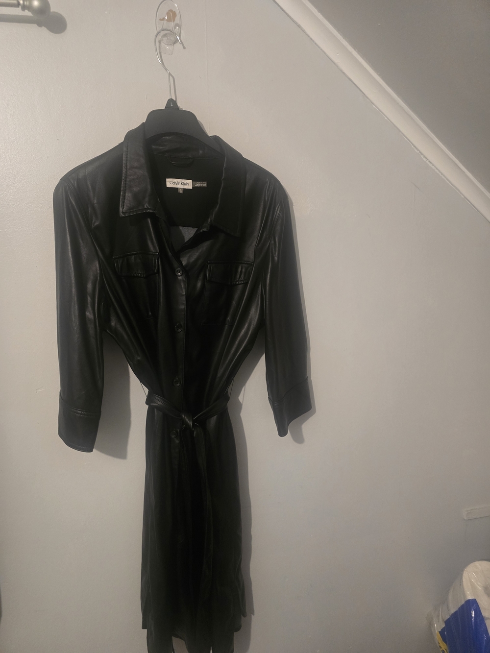 Calvin Klein Black Faux-Leather Shirt Dress Jacket with Waist Tie